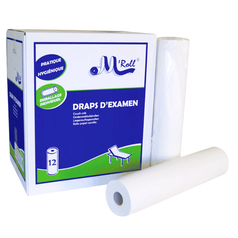 Draps d'examen lisses pure ouate 2 x 18g/m² - carton de 12 rouleaux - 135 formats 50 x 35cm